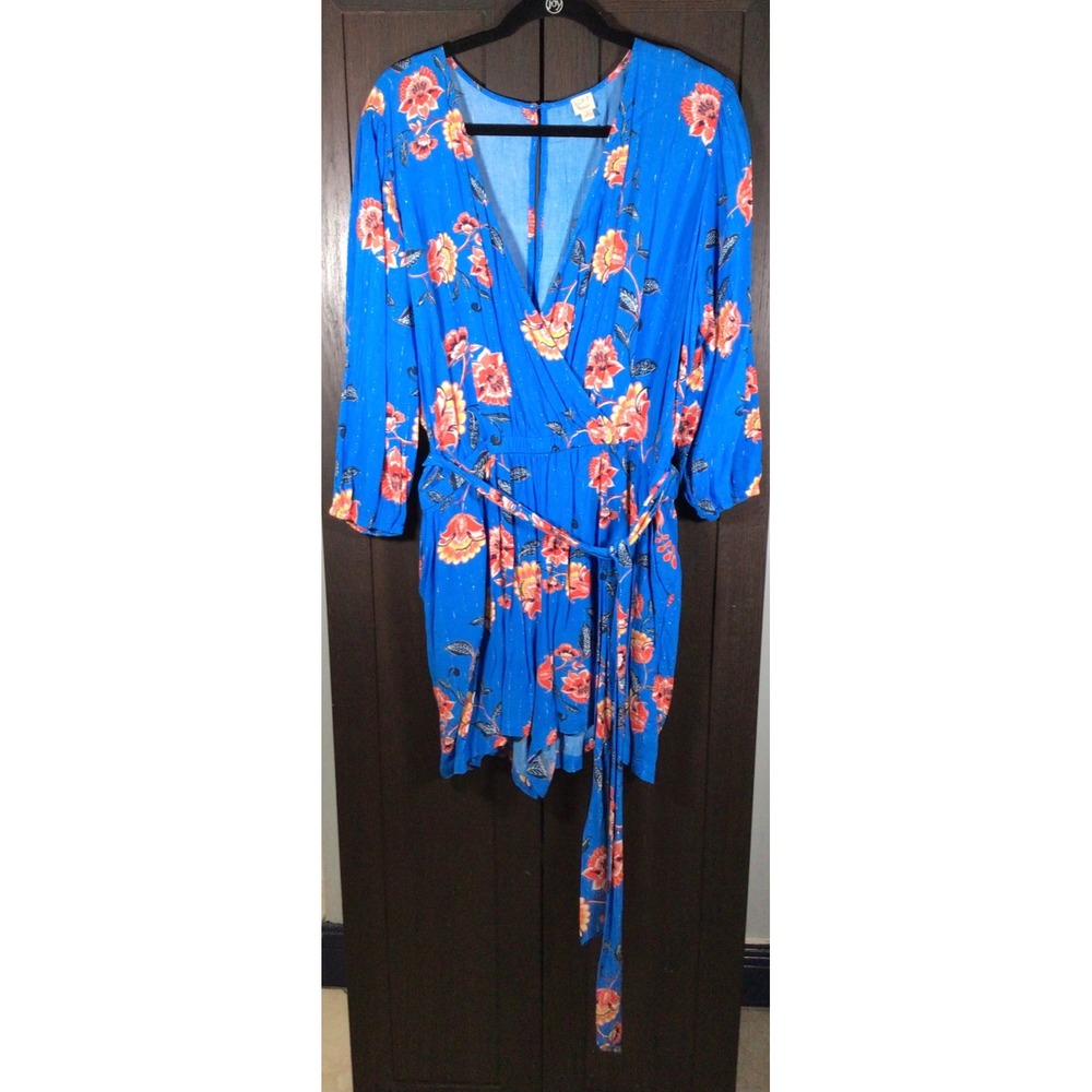 LOFT Blue Floral Wrap Dress Tie Waist V Neck 3/4 Sleeve Boho Women's